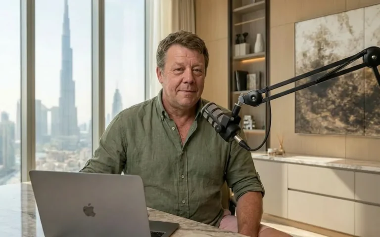 Man recording a podcast at his laptop in a home studio to build a personal brand