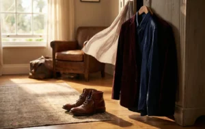 Minimal closet rail of neutral and rust-toned tops, knits and jackets on matching hangers, forming a capsule wardrobe