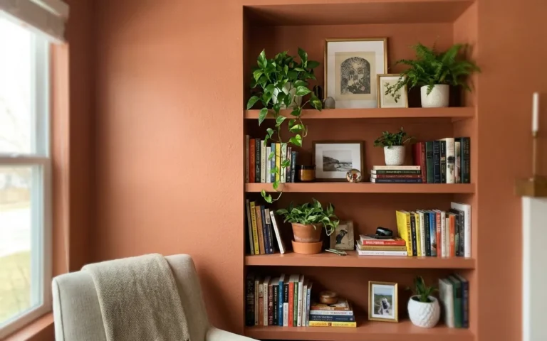 Living room wall in warm terracotta with built-in shelves, a guide to choose paint colors