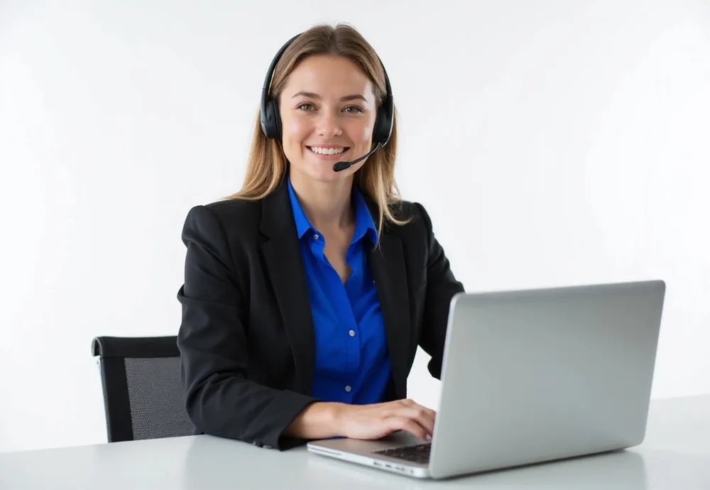 Smiling support agent with a headset working on a laptop