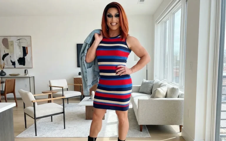 Woman in a fitted striped dress and denim jacket, styled to dress for her body shape