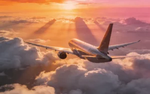 Passenger plane flying above the clouds at sunset