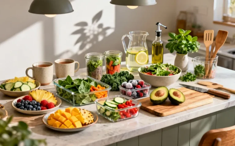 Fresh vegetables, fruit and glass containers on a counter, healthy meal prep for beginners
