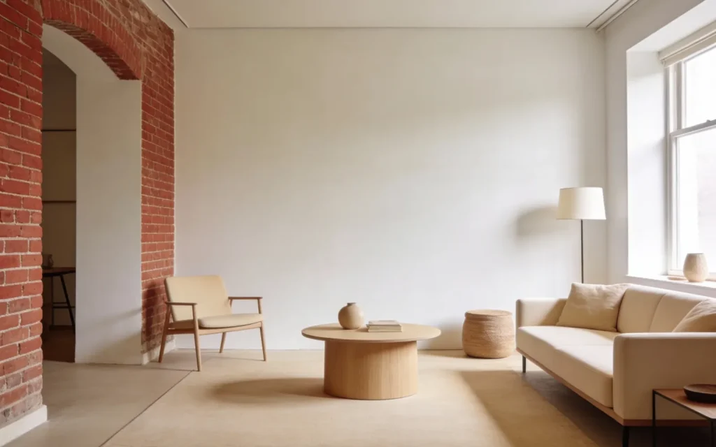 Minimalist living room with white walls, a beige sofa and a round wooden coffee table