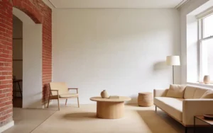 Minimalist living room with white walls, a beige sofa and a round wooden coffee table