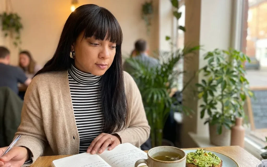 Woman writing in a notebook at a cafe table while planning a simple personal budget
