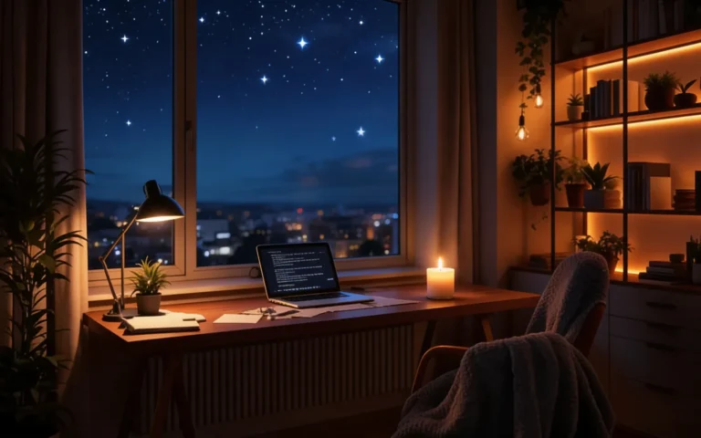 Laptop on a desk in a quiet home office at night, a reminder to protect your personal data online