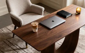 Closed laptop on a walnut desk with an iced coffee and a notebook