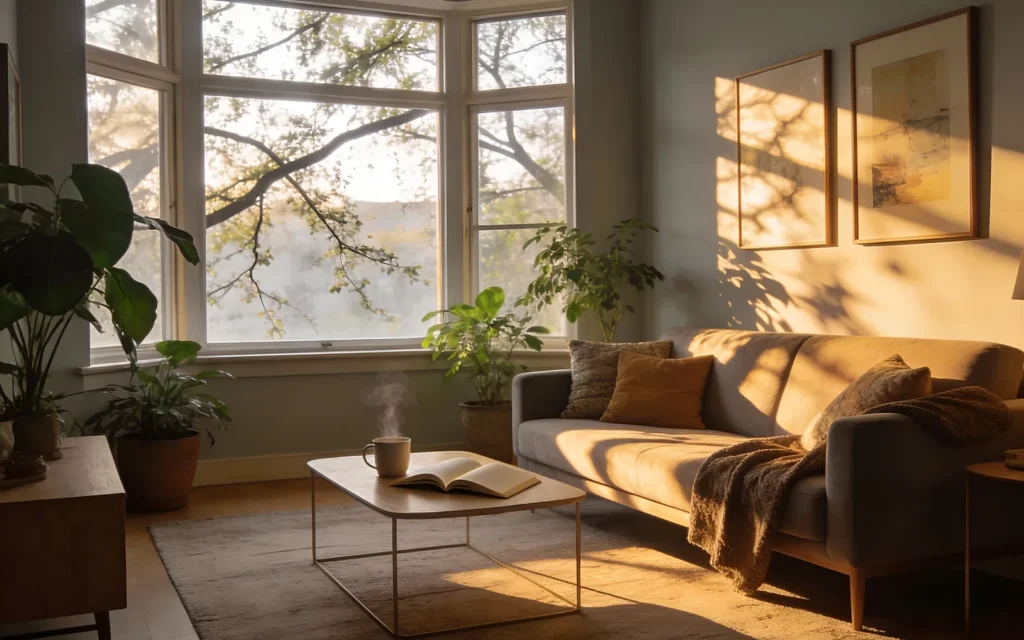 Tidy sunlit living room with a coffee table and plants after a weekly reset routine