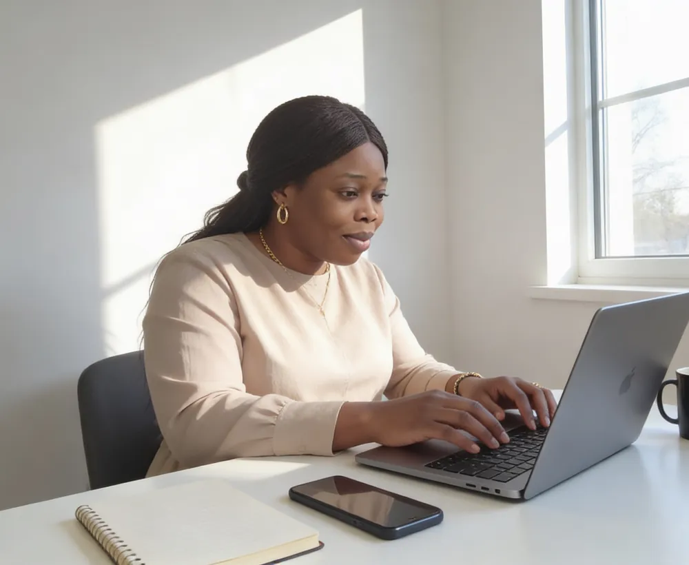 Woman typing on a laptop at a bright desk with a notebook, phone and mug